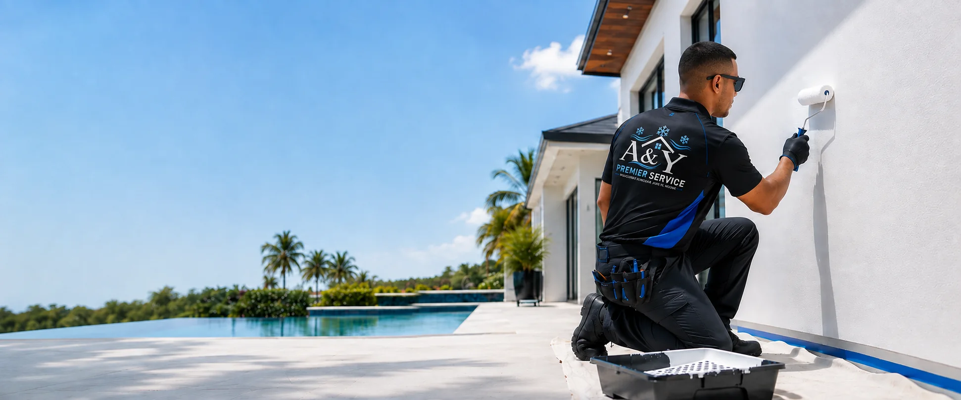 A&Y technician painting a residential exterior wall